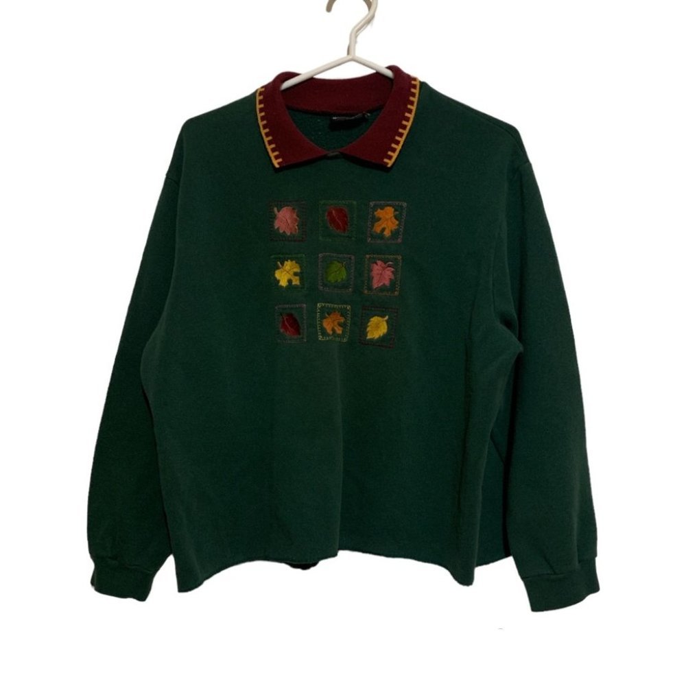 VINTAGE Fall grandma sweater self cropped waist band fall embroidered leaves